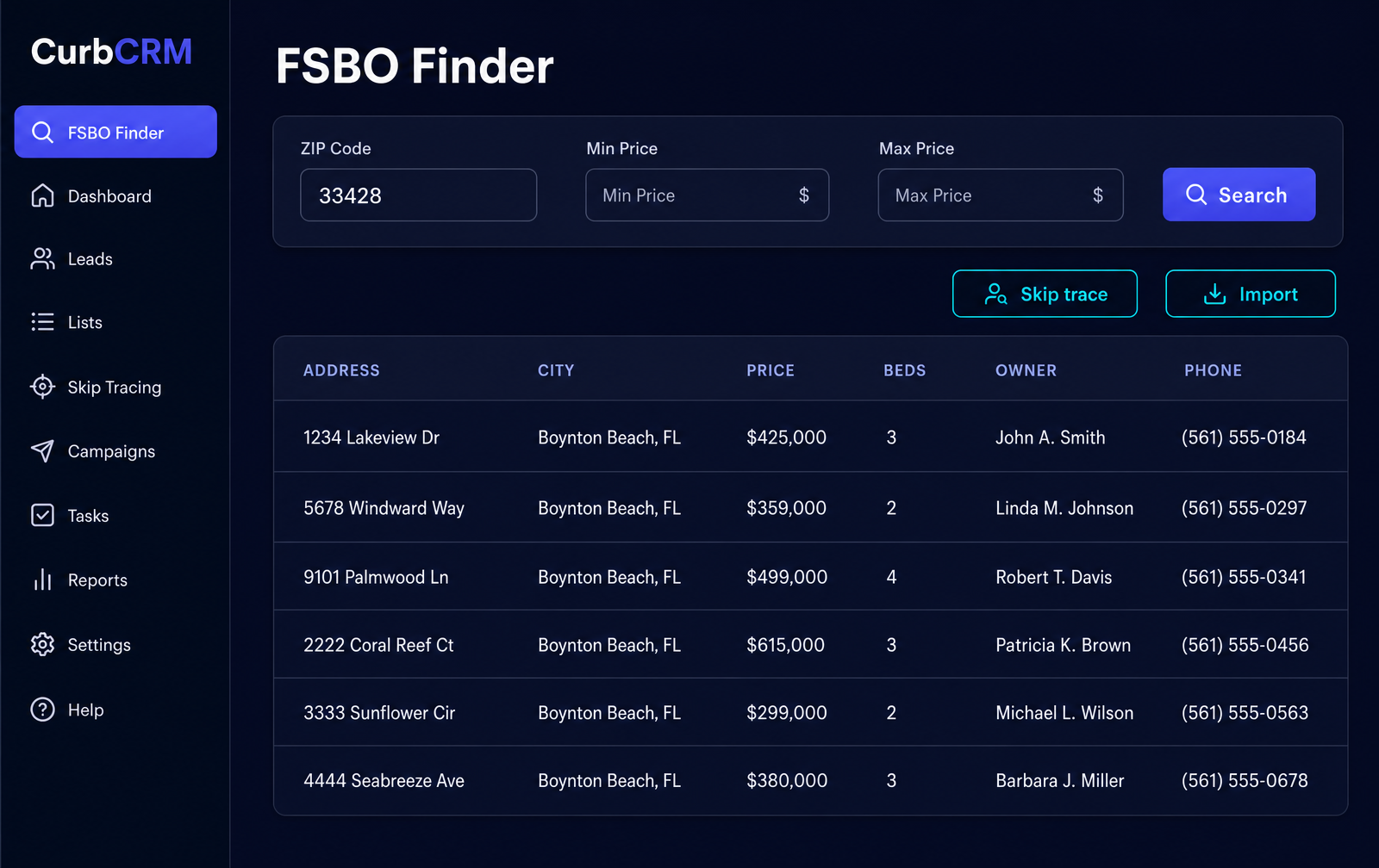 Offmarket Deal Radar searching off-market seller listings by zip code with owner phone numbers
