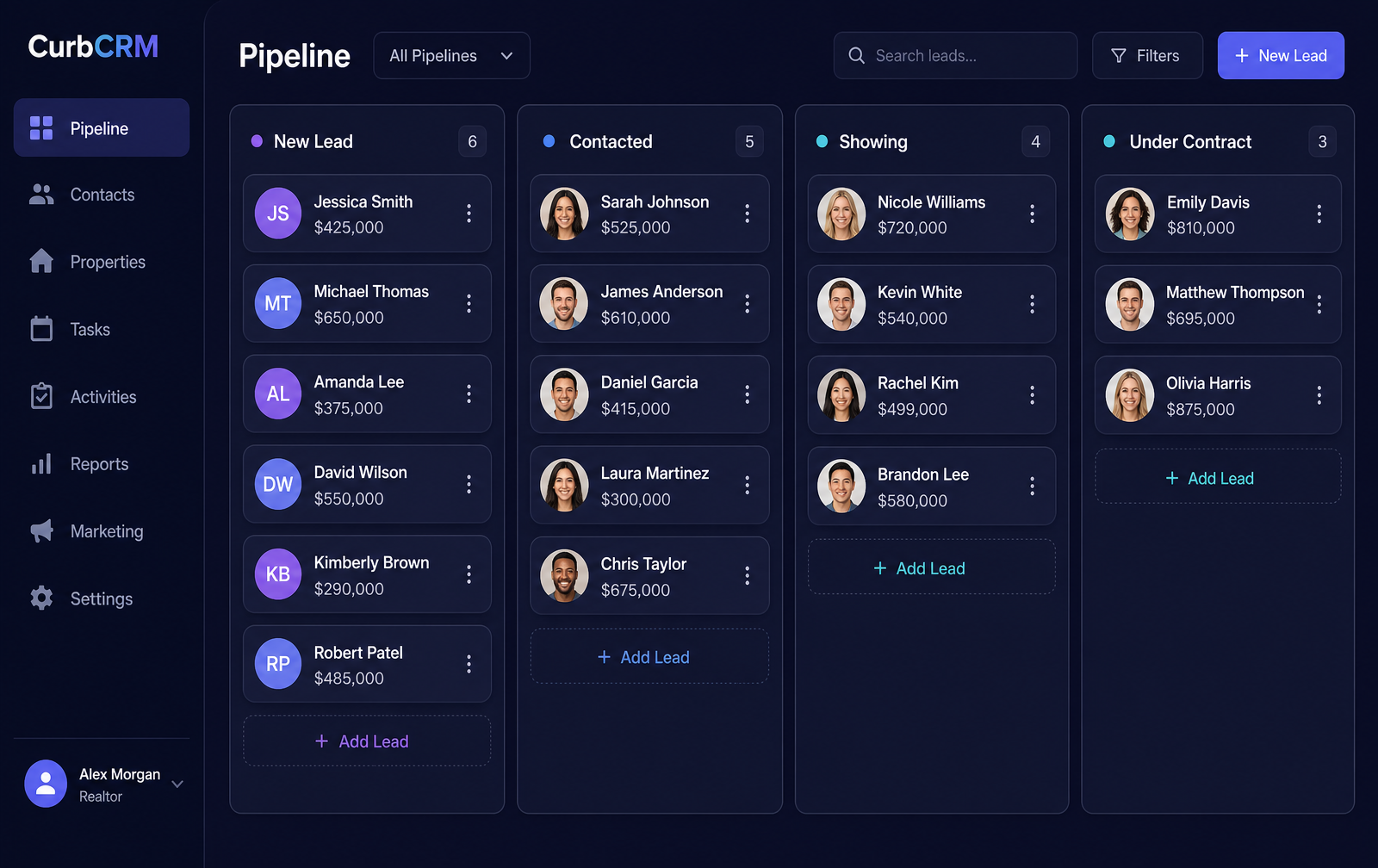 CurbCRM pipeline board with real estate leads moving from new lead to under contract